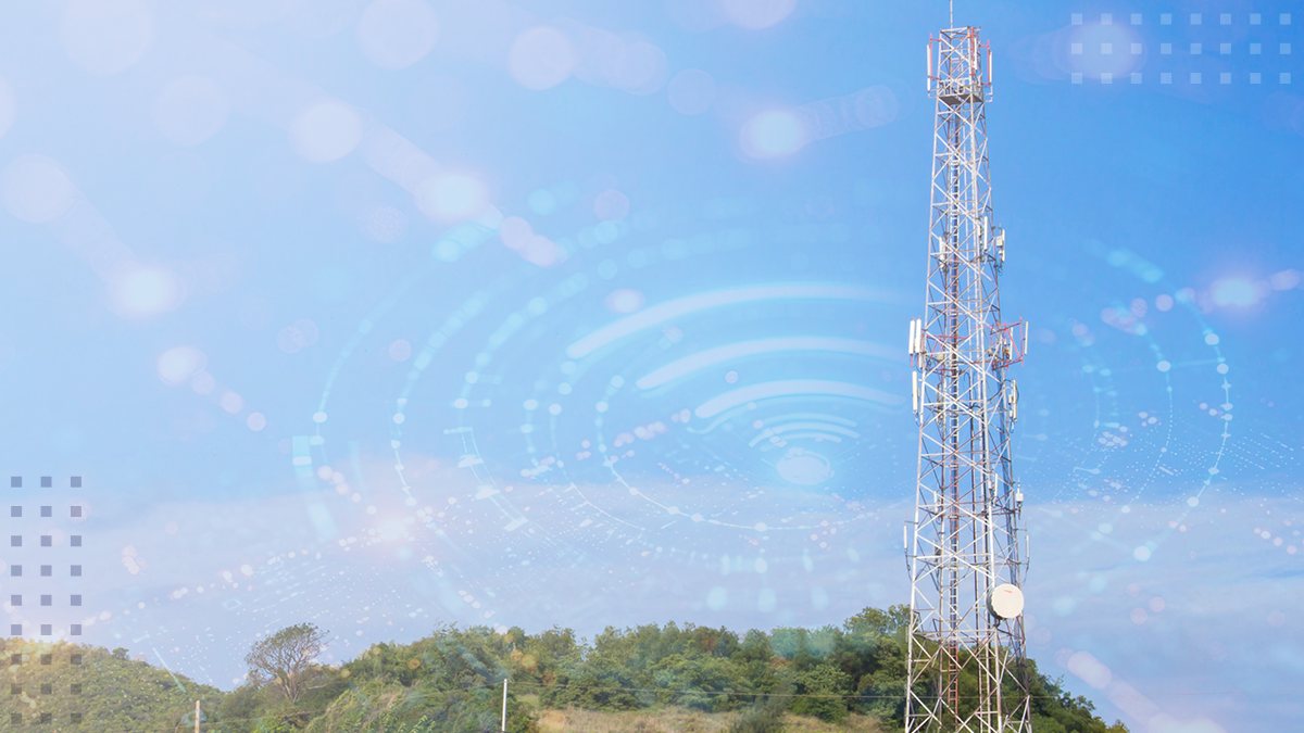 A WISP cell tower in a rural area with Wi-Fi rings laid over the background