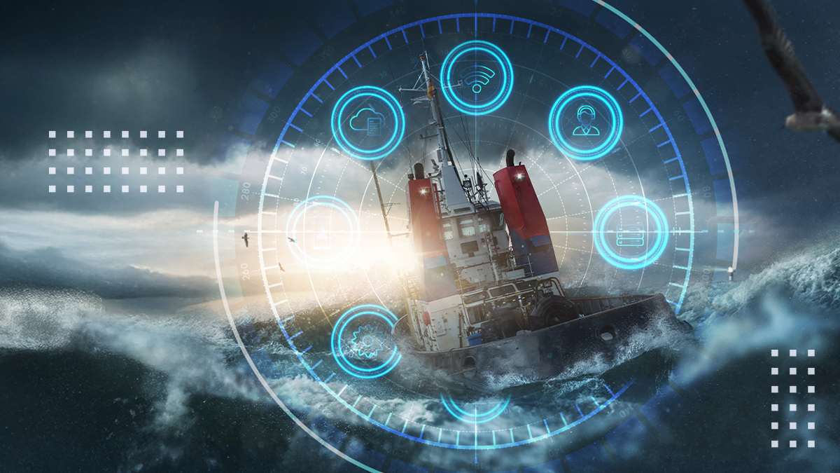 wireless communication network icons over dramatic stormy night at sea with a ship braving the towering waves