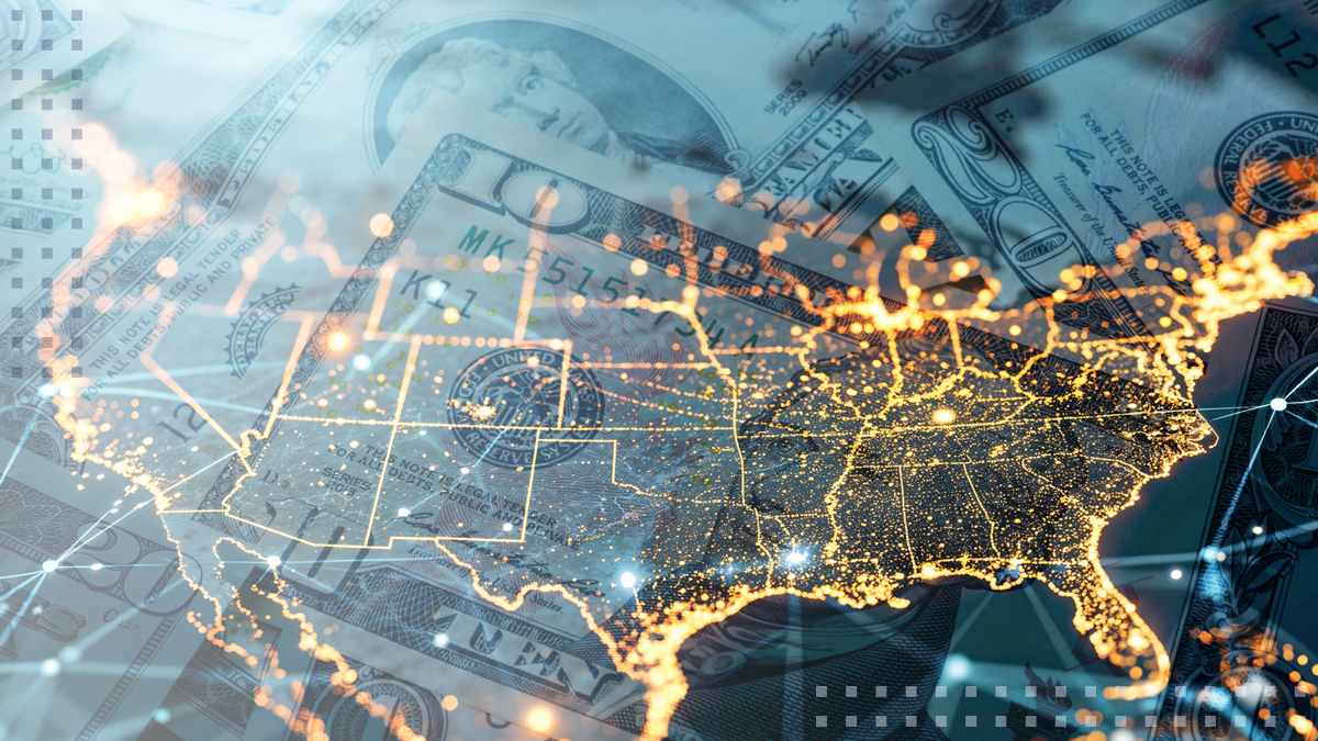 night map of USA with city lights illumination, global network connectivity and BEAD funding currency in the background