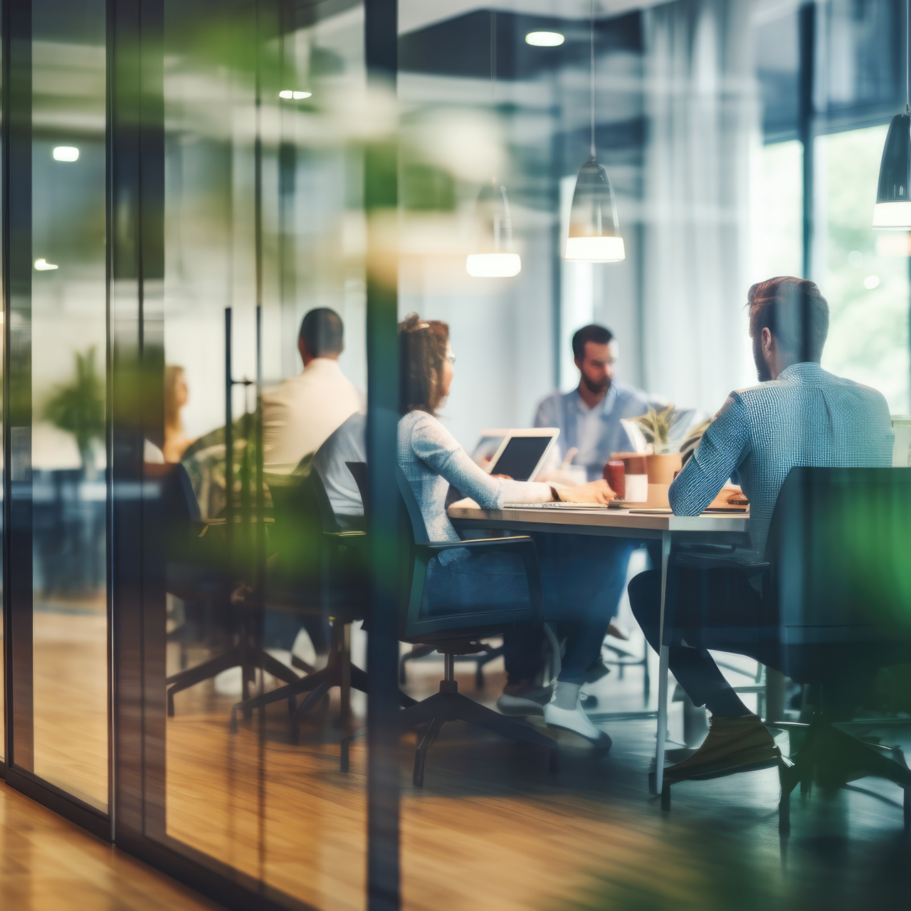 Business office with blurred people casual wear, with blurred bokeh background
