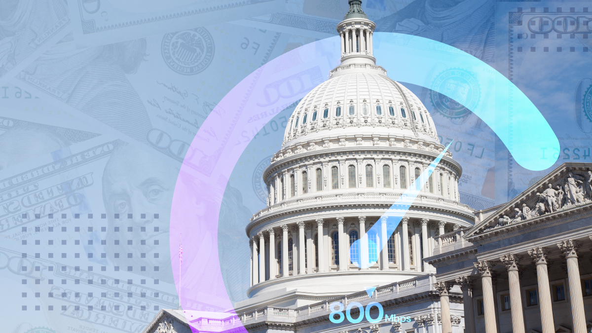 The United States Capitol building with an abstract gauge accelerating and $100 bills overlaid
