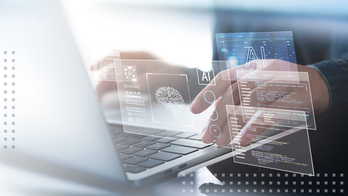 A person typing on a laptop with abstract AI and machine learning images overlaid